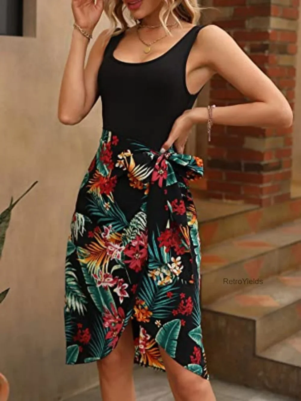 Tropical Print Wrap Hem Tank Dress Tie Waist Sleeveless Summer Sundress